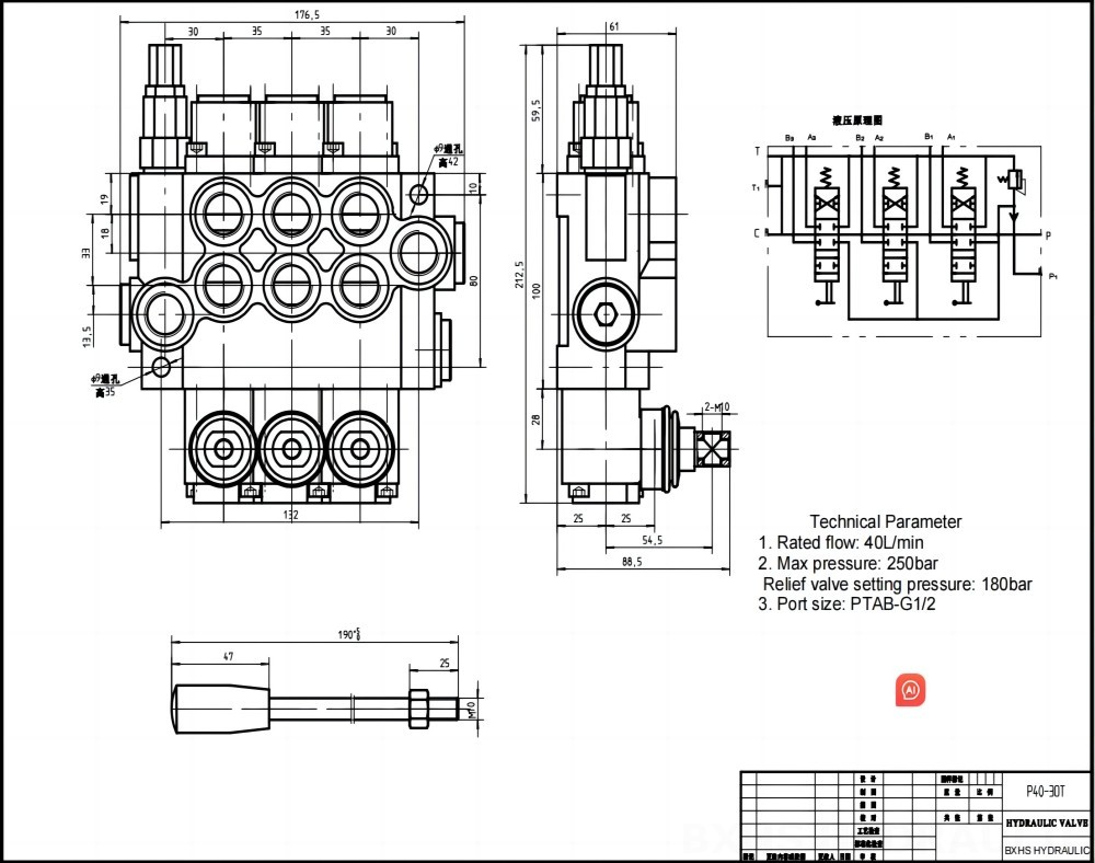 P40 Ręczna 3 Szpule Zawór kierunkowy monoblokowy drawing image