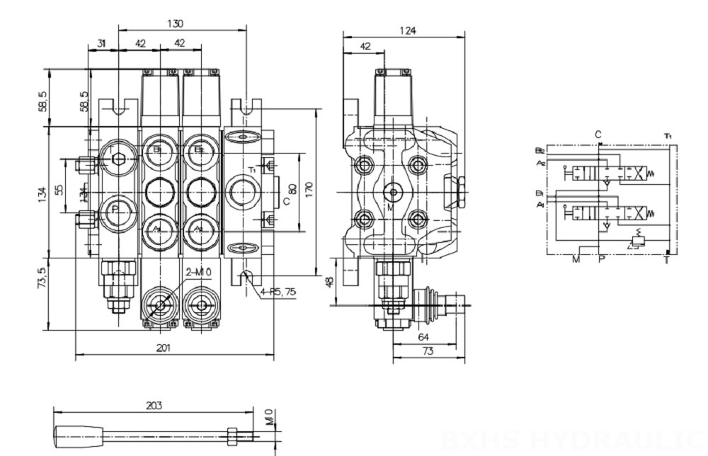 DCV100 Ręczna 2 Szpule Zawór kierunkowy sekcyjny drawing image