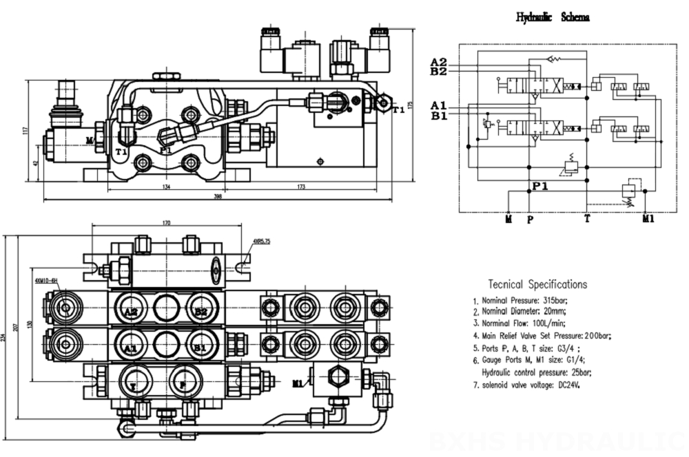 DCV100 Elektrohydrauliczna 2 Szpule Zawór kierunkowy sekcyjny drawing image