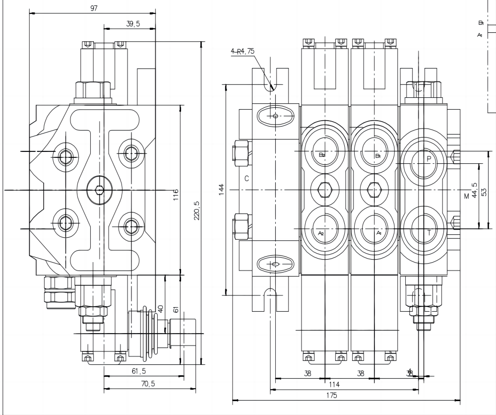 DCV60 Ręczna 2 Szpule Zawór kierunkowy sekcyjny drawing image