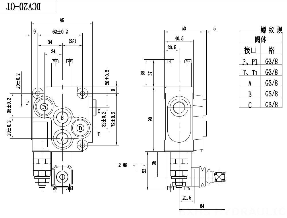 DCV20 Ręczna 1 Szpula Zawór kierunkowy monoblokowy drawing image