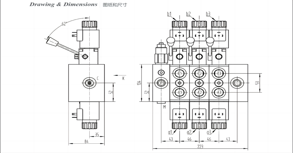 DCV58 Elektromagnes i ręczna 3 Szpule Zawór kierunkowy sekcyjny drawing image