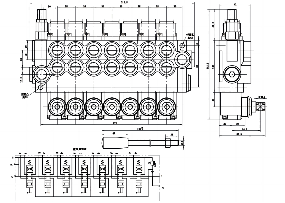 P40-U78 Ręczna 7 Szpul Zawór kierunkowy monoblokowy drawing image