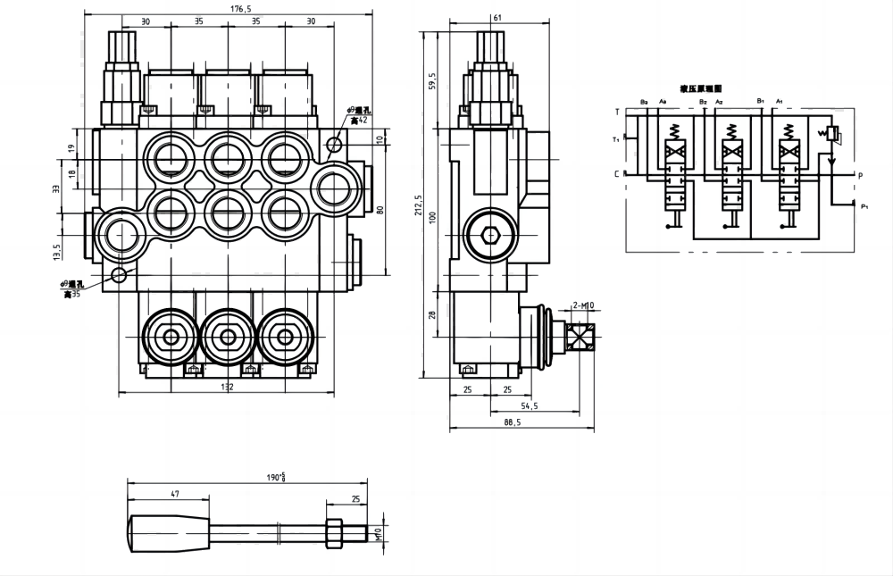 P40-G38-G12-OT-OT-OT Ręczna 3 Szpule Zawór kierunkowy monoblokowy drawing image