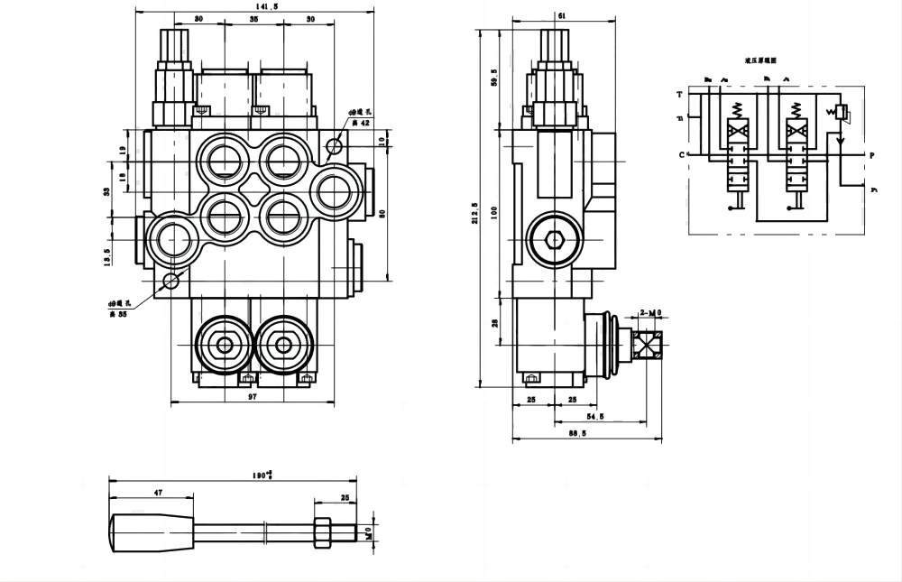 P40-G12-G38 Ręczna 2 Szpule Zawór kierunkowy monoblokowy drawing image