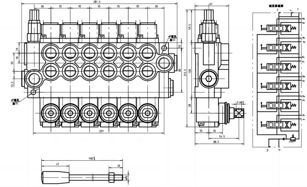 P40-U34 Ręczna 6 Szpul Zawór kierunkowy monoblokowy drawing image