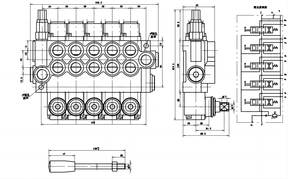 P40-G12-G38 Ręczna 5 Szpul Zawór kierunkowy monoblokowy drawing image