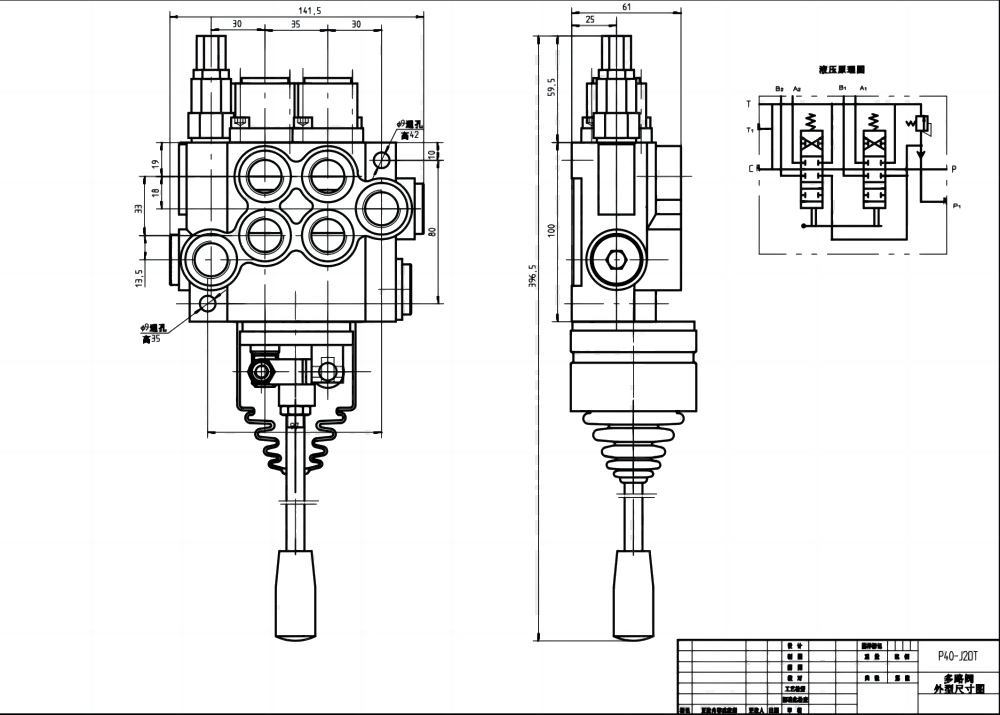 P40 Ręczna i joystick 2 Szpule Zawór kierunkowy monoblokowy drawing image