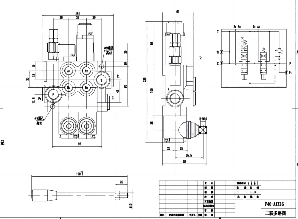 P40-AQF-G38-G12 Ręczna 2 Szpule Zawór kierunkowy monoblokowy drawing image