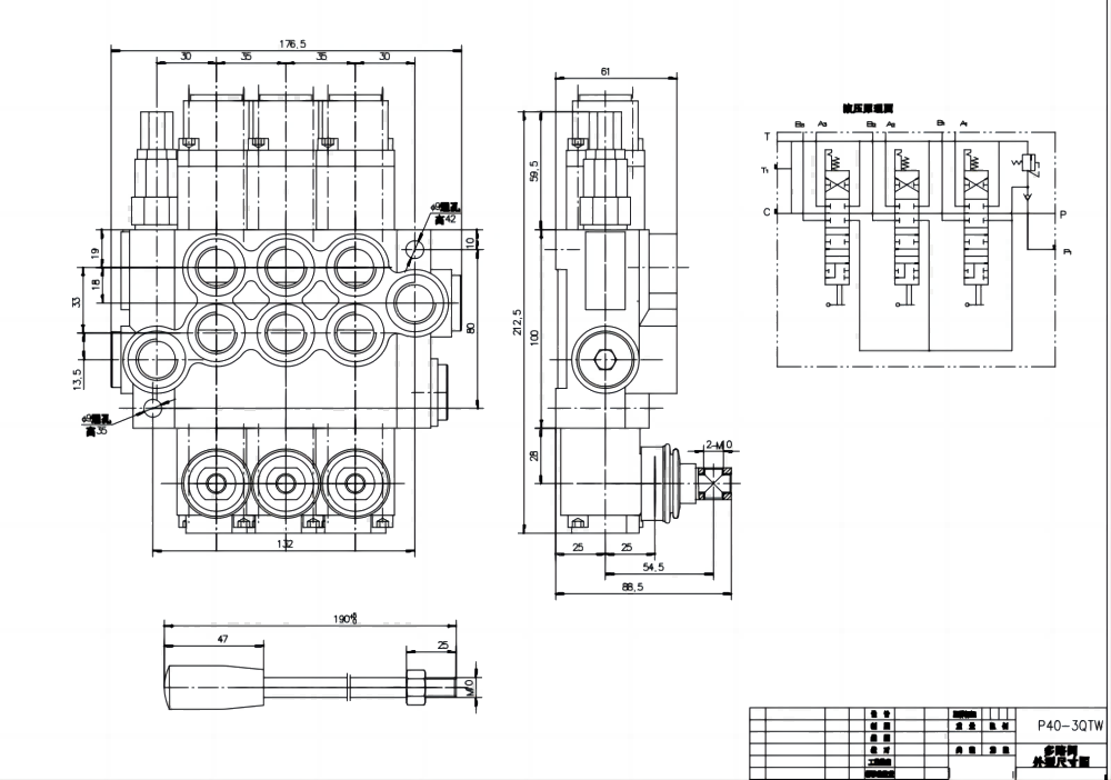 P40-G12-G38-3QTW Ręczna 3 Szpule Zawór kierunkowy monoblokowy drawing image