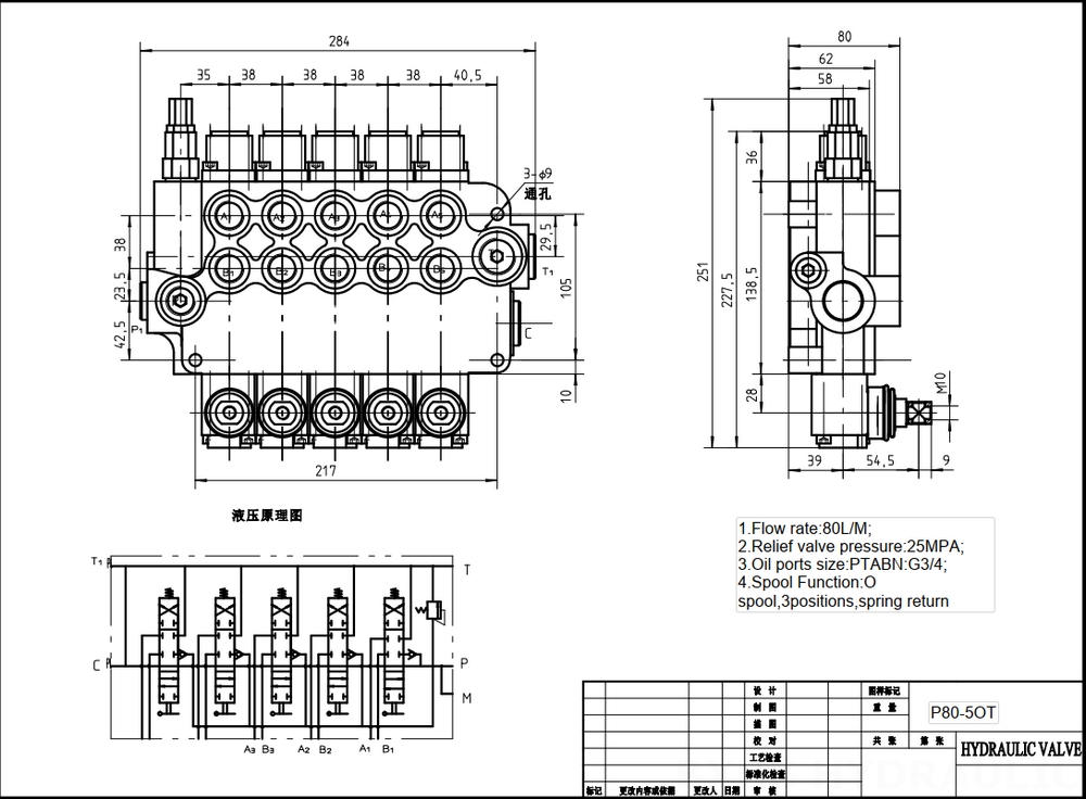 P80-G12-G38-OW Ręczna 5 Szpul Zawór kierunkowy monoblokowy drawing image