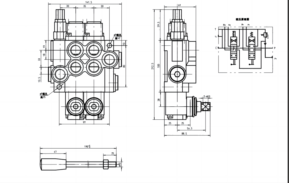 P40-U78-U34-OT-YW Ręczna 2 Szpule Zawór kierunkowy monoblokowy drawing image