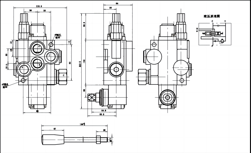 P40J Ręczna 1 Szpula Zawór kierunkowy monoblokowy drawing image