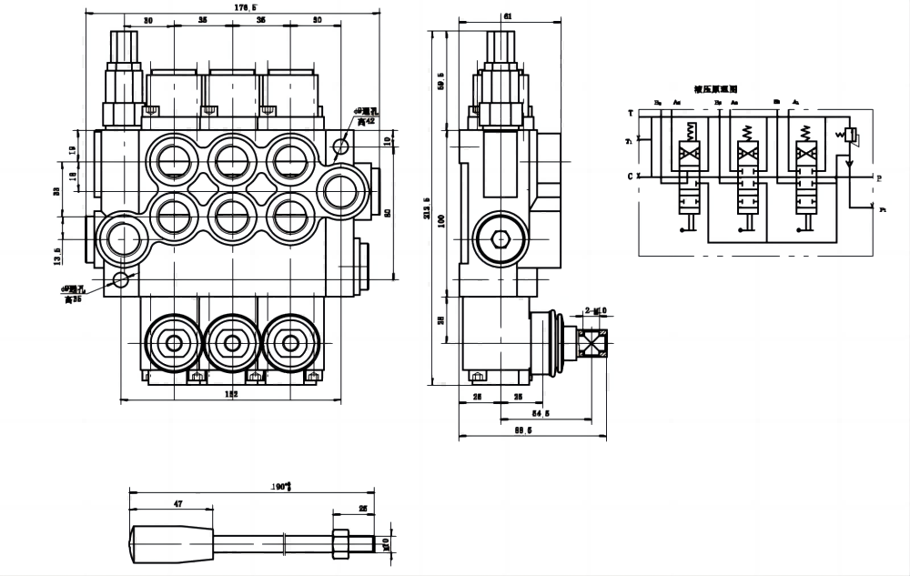 P40-U78-U34-2OT-YW Ręczna 3 Szpule Zawór kierunkowy monoblokowy drawing image