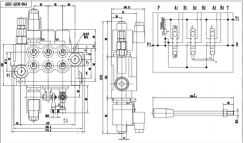 P40 Elektromagnes i joystick 3 Szpule Zawór kierunkowy monoblokowy drawing image