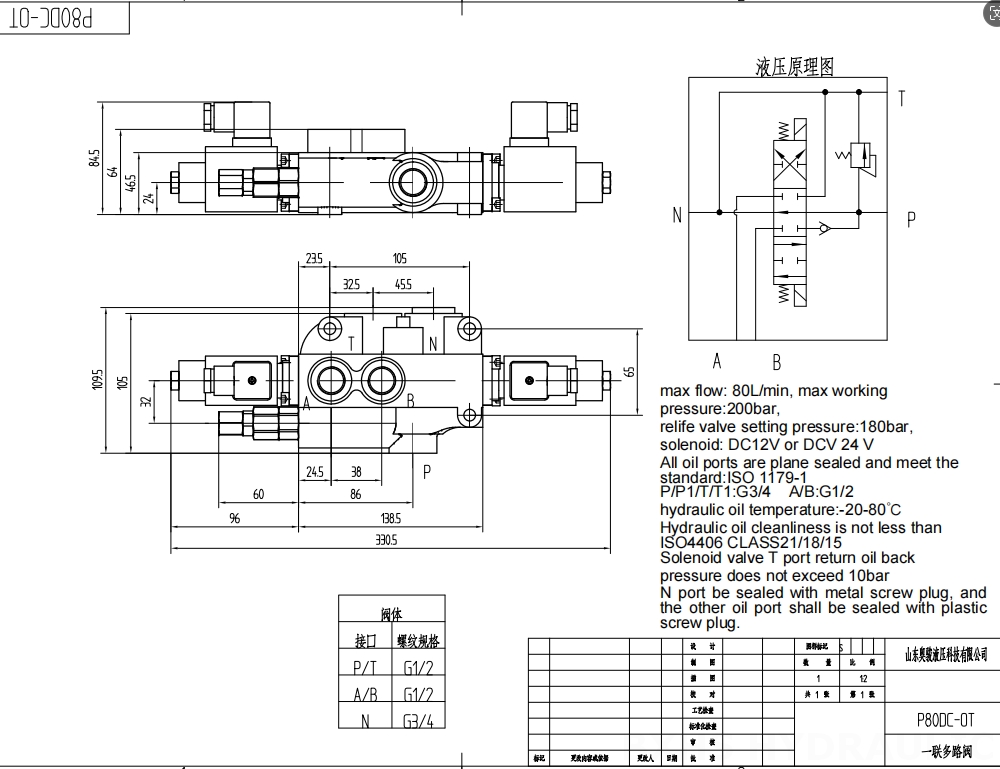 P80 Elektromagnes 1 Szpula Zawór kierunkowy monoblokowy drawing image