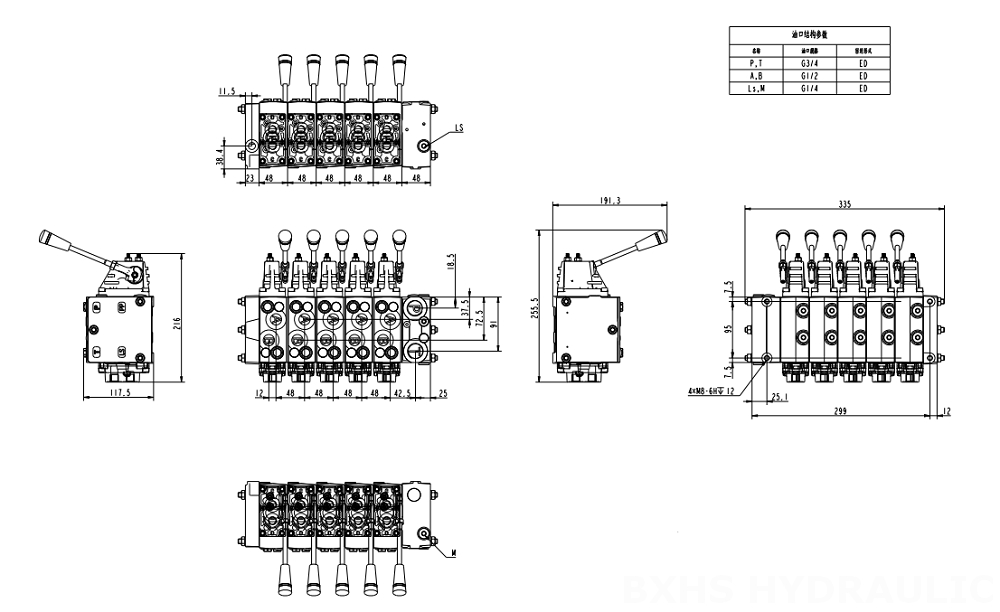 HSDSL Proporcjonalna elektryczna i ręczna 6 Szpul Zawór proporcjonalny drawing image