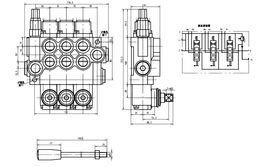 P40-G12 Ręczna 3 Szpule Zawór kierunkowy monoblokowy drawing image