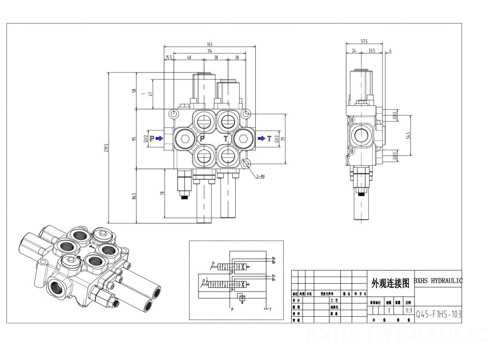 Q45 Ręczna 2 Szpule Zawór kierunkowy monoblokowy drawing image