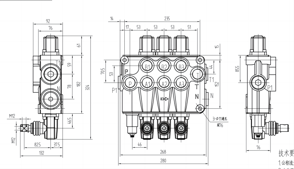 P120-G1-OT Ręczna 3 Szpule Zawór kierunkowy monoblokowy drawing image