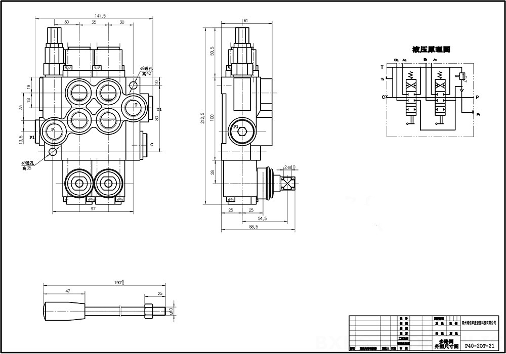 P40A Ręczna 2 Szpule Zawór kierunkowy monoblokowy drawing image