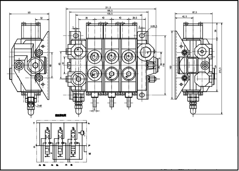 HSDS15 Ręczna 3 Szpule Zawór kierunkowy monoblokowy drawing image