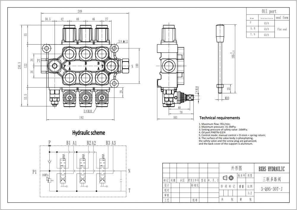 Q95 Ręczna 3 Szpule Zawór kierunkowy monoblokowy drawing image