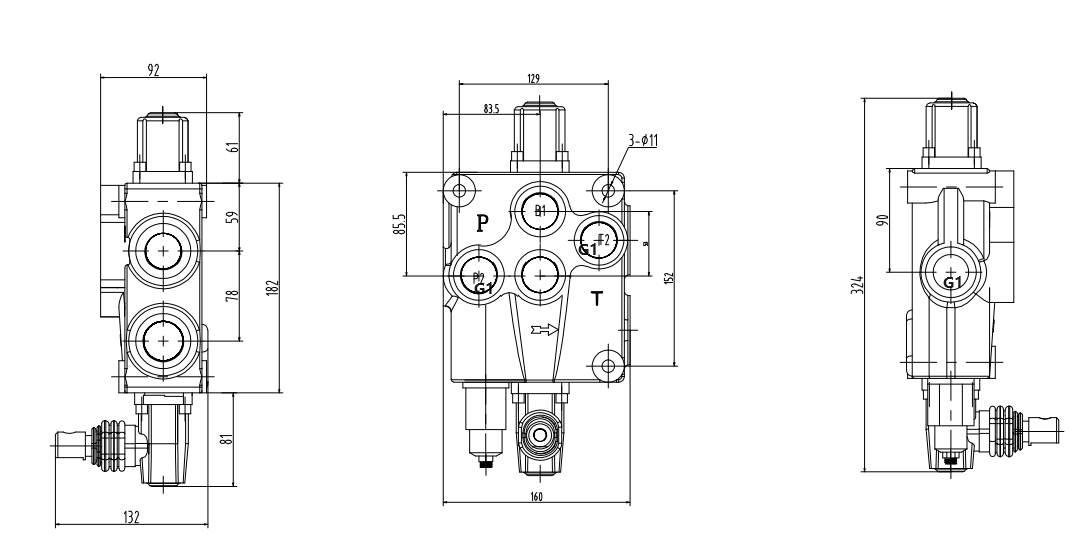 P120-G1 Ręczna 1 Szpula Zawór kierunkowy monoblokowy drawing image