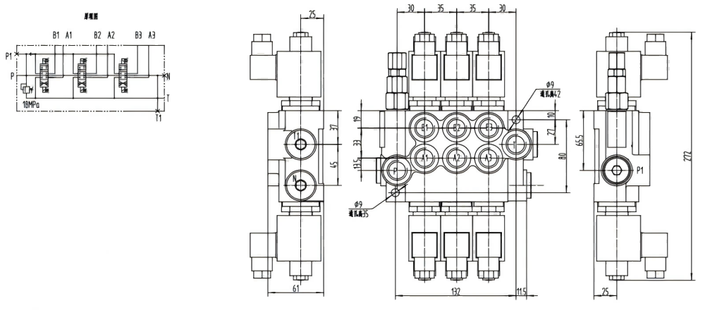 P40-DKL Elektromagnes 3 Szpule Zawór kierunkowy monoblokowy drawing image