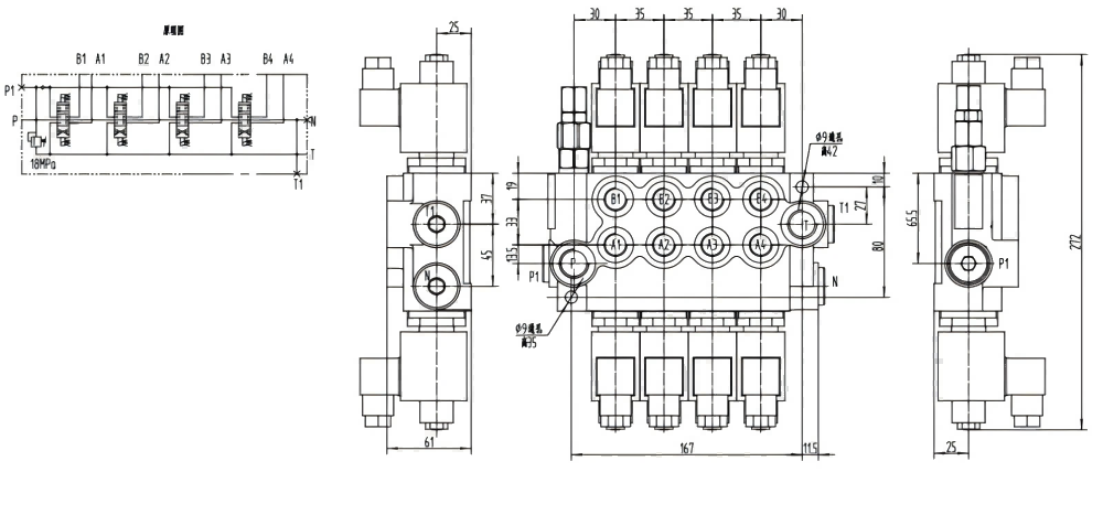 P40-DKL Elektromagnes 4 Szpule Zawór kierunkowy monoblokowy drawing image