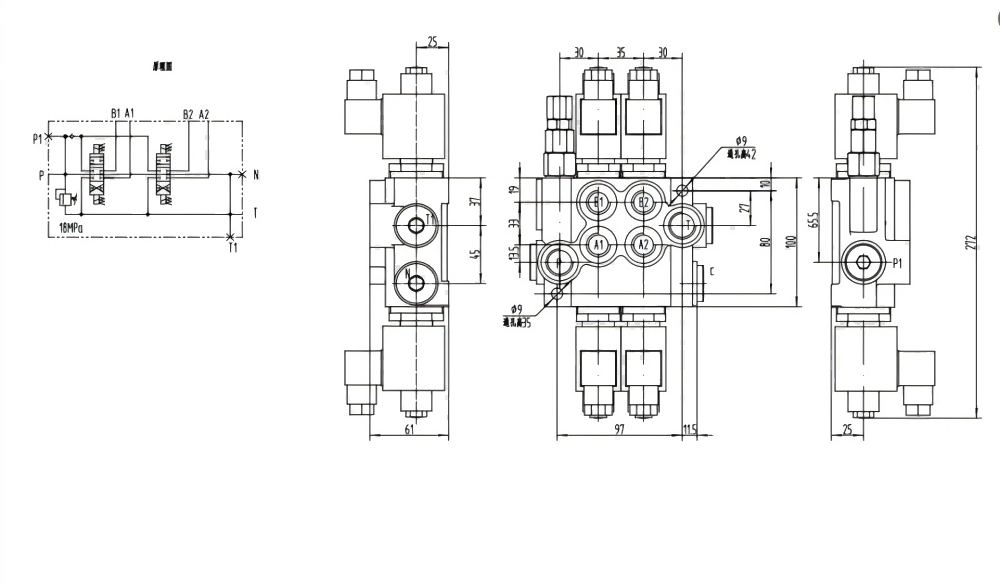 P40-DKL Elektromagnes 2 Szpule Zawór kierunkowy monoblokowy drawing image