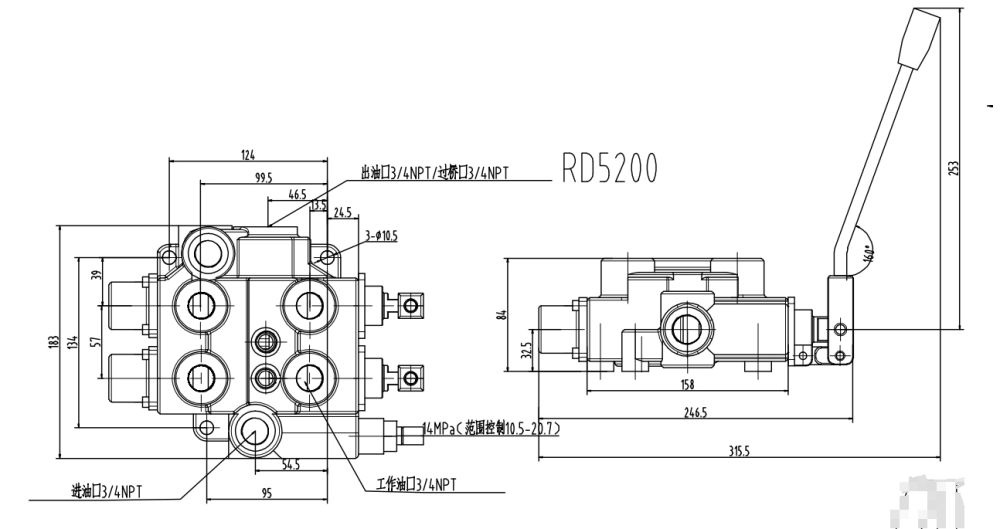 RD5200-H Ręczna 2 Szpule Zawór sterujący hydrauliczny drawing image