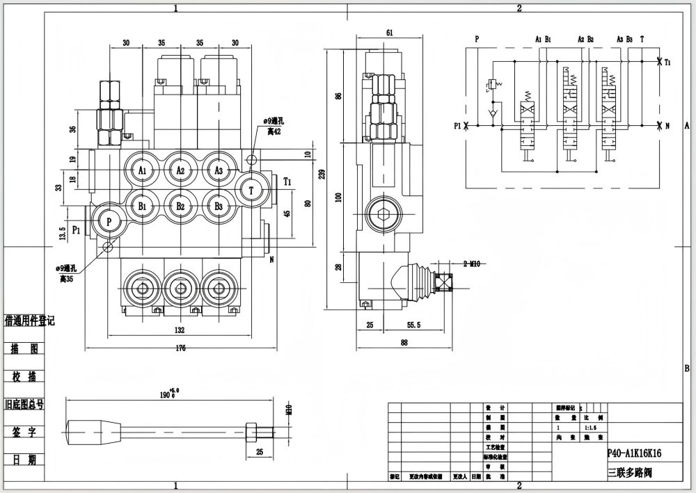 P40-G12-G38-OT-2QTW1 Ręczna 3 Szpule Zawór sterujący jednoczęściowy drawing image