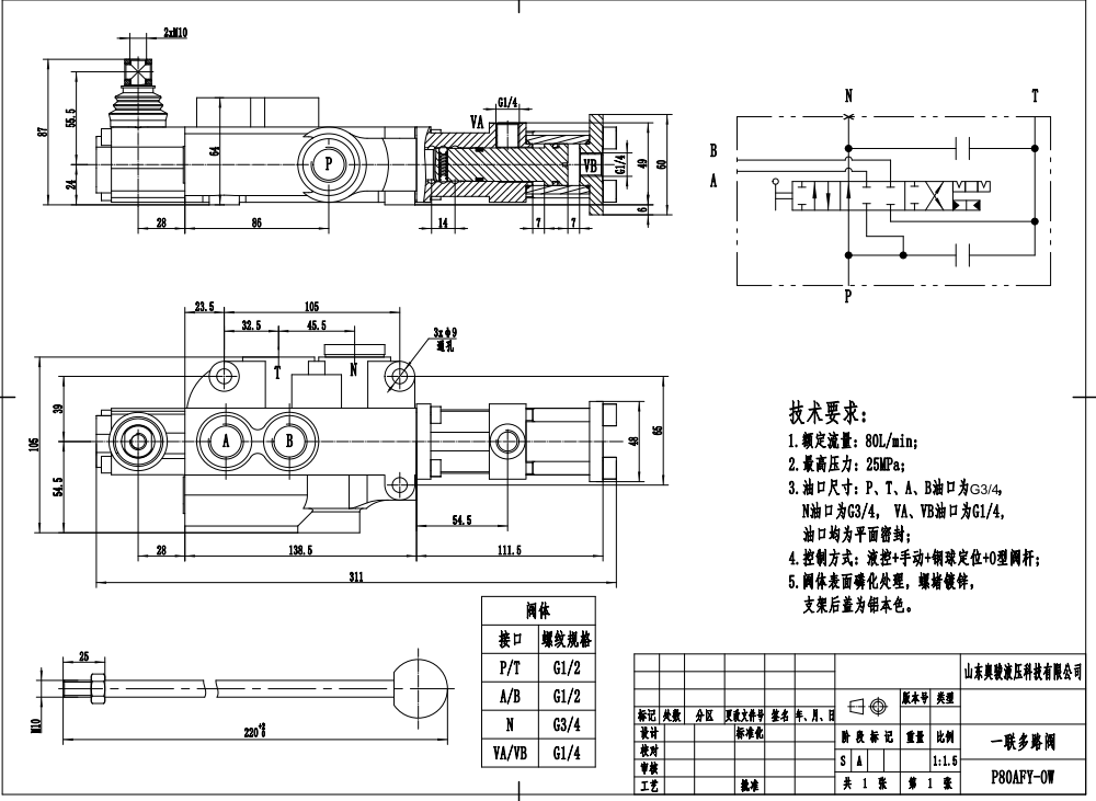 P80F-G34 Hydrauliczna 1 Szpula Zawór sterujący jednoczęściowy drawing image