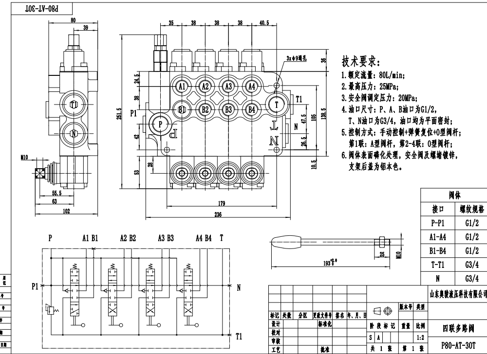 P80-G34-G12-AT-3OT Ręczna 4 Szpule Zawór sterujący jednoczęściowy drawing image